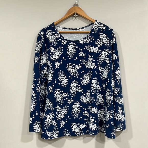 Blair Tops - Blair Blue/White Floral Long Sleeve Scoop Neck Tee XL